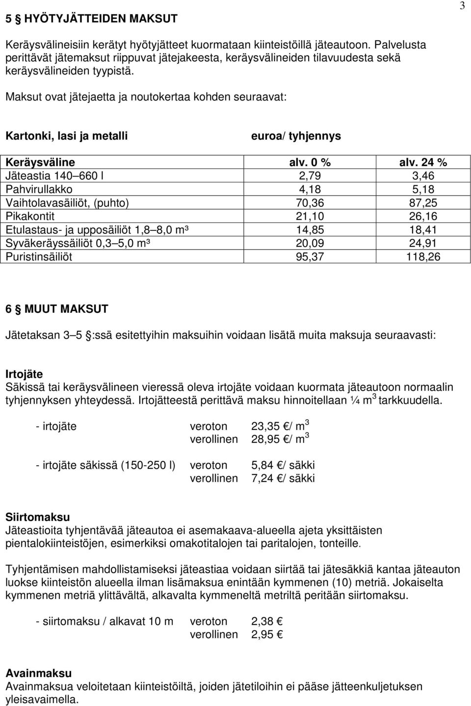 Maksut ovat jätejaetta ja noutokertaa kohden seuraavat: Kartonki, lasi ja metalli euroa/ tyhjennys Keräysväline alv. 0 % alv.