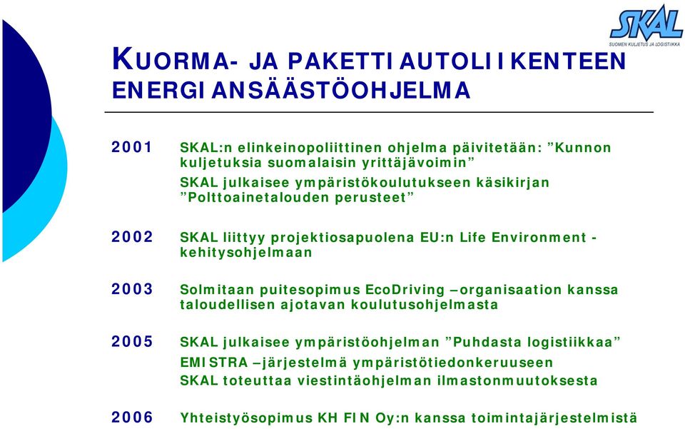 puitesopimus EcoDriving organisaation kanssa taloudellisen ajotavan koulutusohjelmasta 2005 SKAL julkaisee ympäristöohjelman Puhdasta