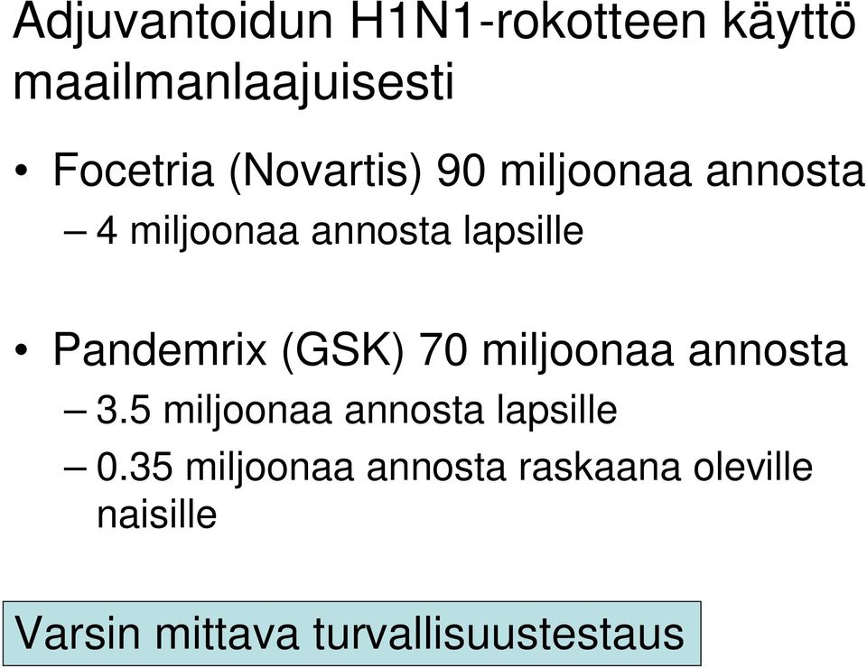 Pandemrix (GSK) 70 miljoonaa annosta 3.5 miljoonaa annosta lapsille 0.