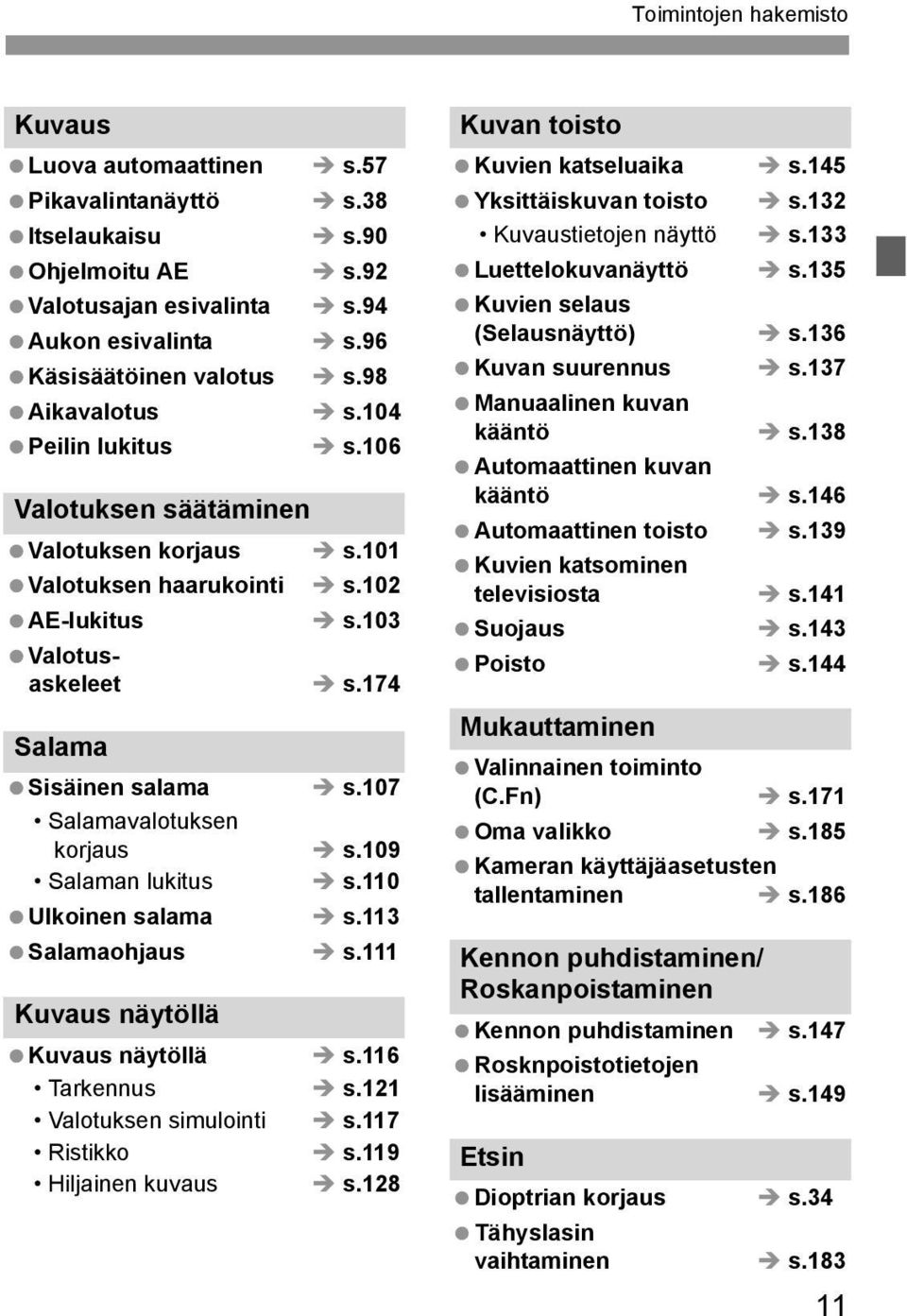 109 Salaman luitus s.110 Uloinen salama s.113 Salamaohjaus s.111 Kuvaus näytöllä Kuvaus näytöllä s.116 Tarennus s.121 Valotusen simulointi s.117 Ristio s.119 Hiljainen uvaus s.