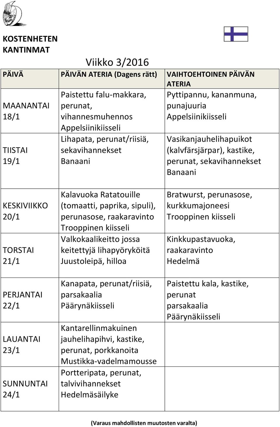 (tomaatti, paprika, sipuli), perunasose, Trooppinen kiisseli Valkokaalikeitto jossa keitettyjä lihapyöryköitä Juustoleipä, hilloa Kanapata, perunat/riisiä, Kantarellinmakuinen