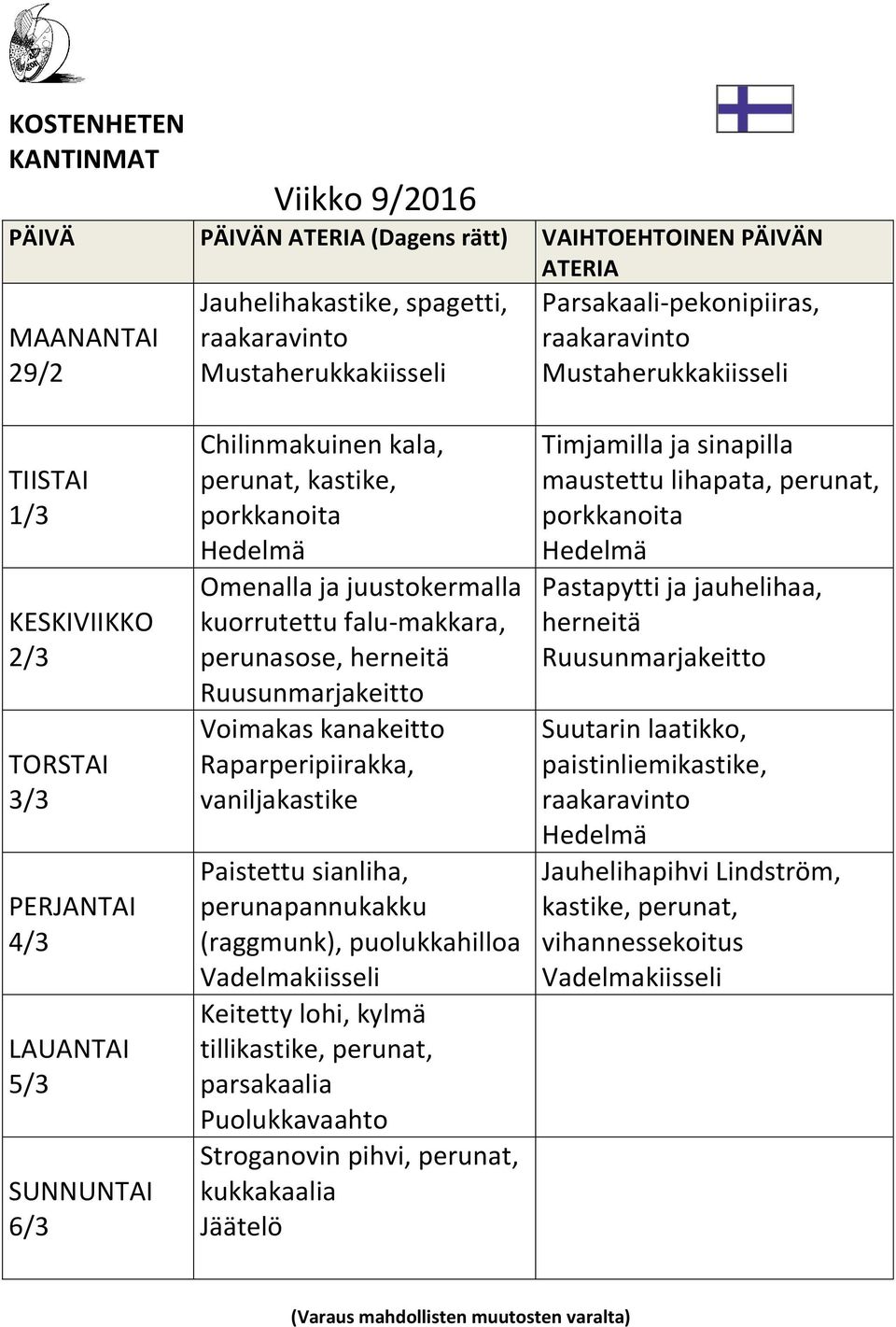 vaniljakastike Paistettu sianliha, perunapannukakku (raggmunk), puolukkahilloa Keitetty lohi, kylmä tillikastike, perunat, Puolukkavaahto Stroganovin pihvi, perunat,