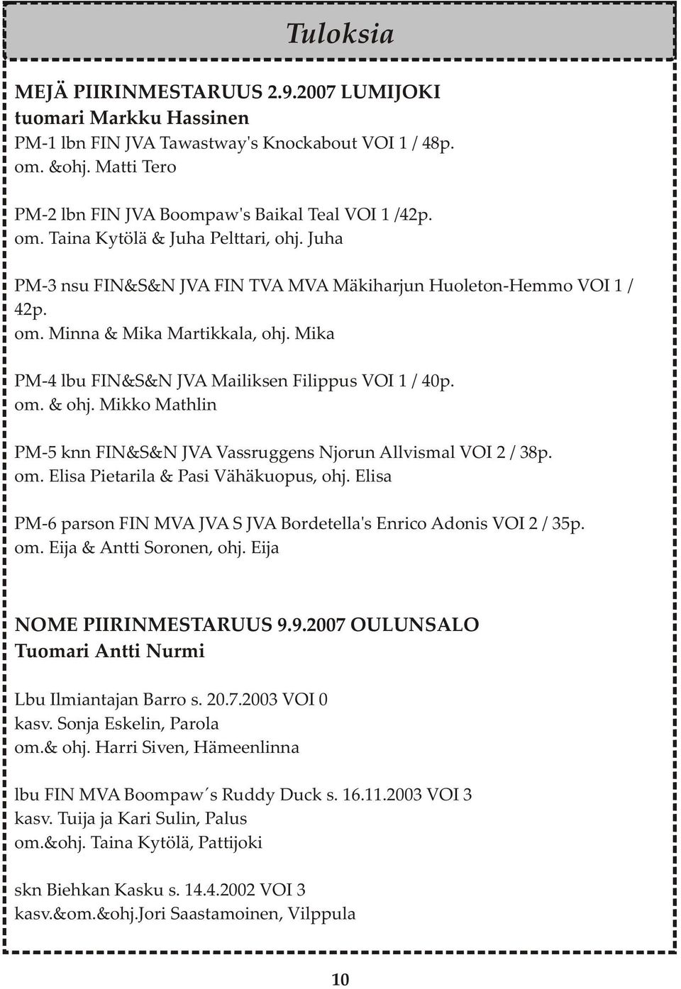 Mikko Mathlin PM-5 knn FIN&S&N JVA Vassruggens Njorun Allvismal VOI 2 / 38p. om. Elisa Pietarila & Pasi Vähäkuopus, ohj. Elisa PM-6 parson FIN MVA JVA S JVA Bordetella's Enrico Adonis VOI 2 / 35p. om. Eija & Antti Soronen, ohj.