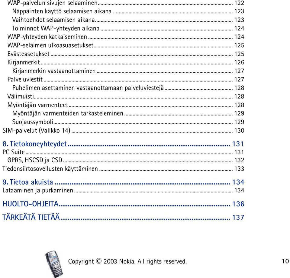 .. 128 Välimuisti... 128 Myöntäjän varmenteet... 128 Myöntäjän varmenteiden tarkasteleminen... 129 Suojaussymboli... 129 SIM-palvelut (Valikko 14)... 130 8. Tietokoneyhteydet... 131 PC Suite.