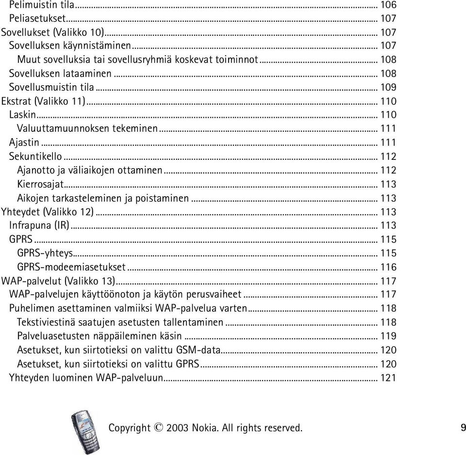 .. 113 Aikojen tarkasteleminen ja poistaminen... 113 Yhteydet (Valikko 12)... 113 Infrapuna (IR)... 113 GPRS... 115 GPRS-yhteys... 115 GPRS-modeemiasetukset... 116 WAP-palvelut (Valikko 13).