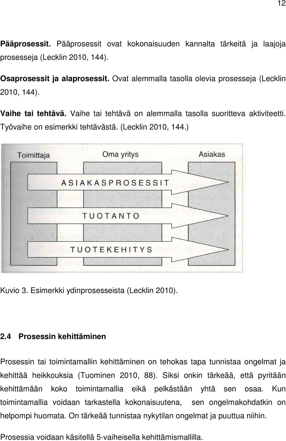 Esimerkki ydinprosesseista (Lecklin 2010). 2.4 Prosessin kehittäminen Prosessin tai toimintamallin kehittäminen on tehokas tapa tunnistaa ongelmat ja kehittää heikkouksia (Tuominen 2010, 88).