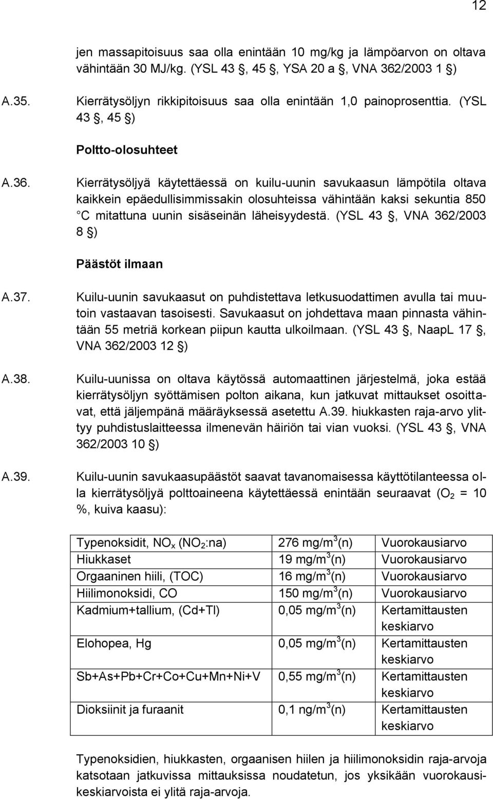 Kierrätysöljyä käytettäessä on kuilu-uunin savukaasun lämpötila oltava kaikkein epäedullisimmissakin olosuhteissa vähintään kaksi sekuntia 850 C mitattuna uunin sisäseinän läheisyydestä.