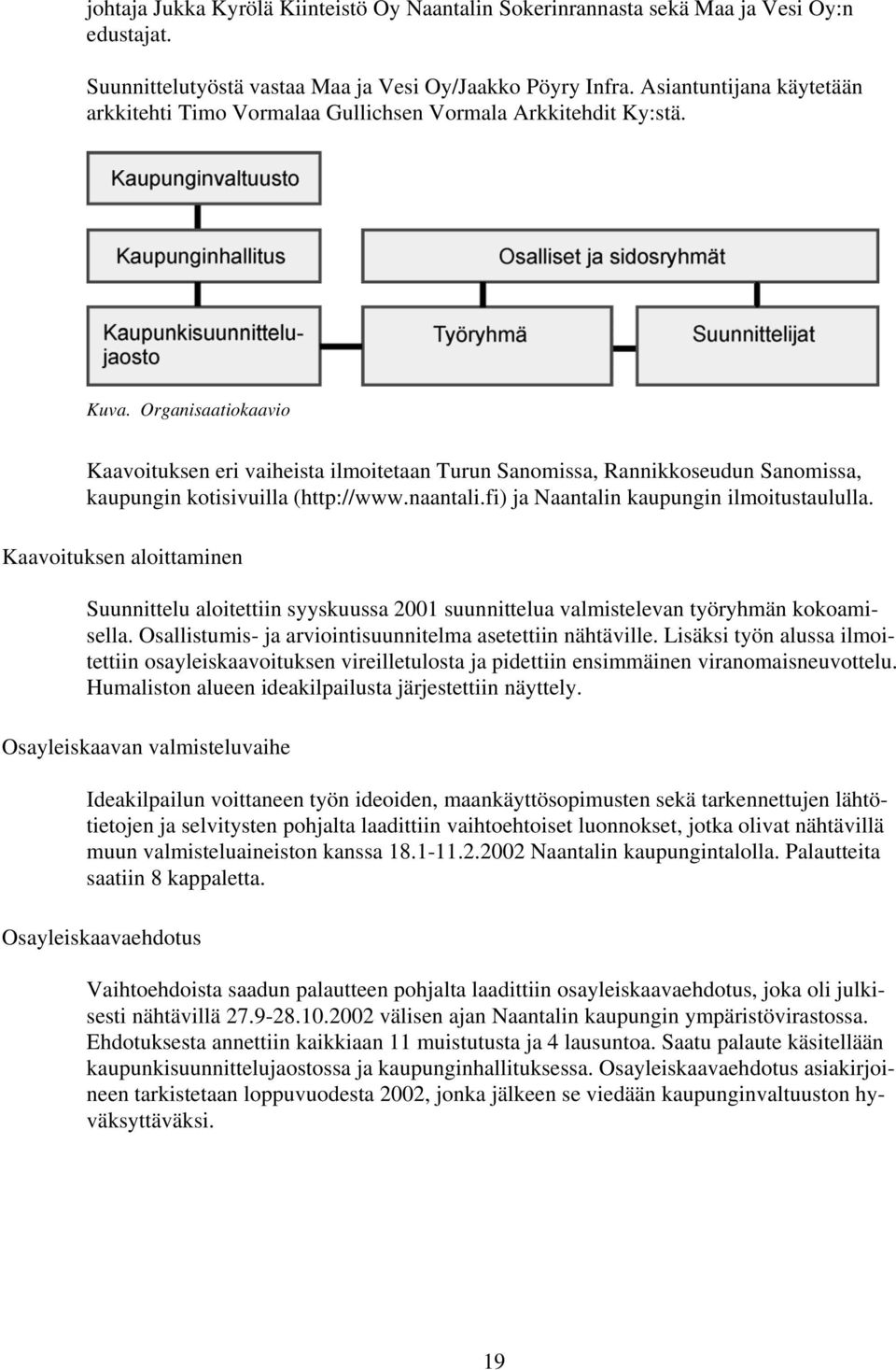 Organisaatiokaavio Kaavoituksen eri vaiheista ilmoitetaan Turun Sanomissa, Rannikkoseudun Sanomissa, kaupungin kotisivuilla (http://www.naantali.fi) ja Naantalin kaupungin ilmoitustaululla.