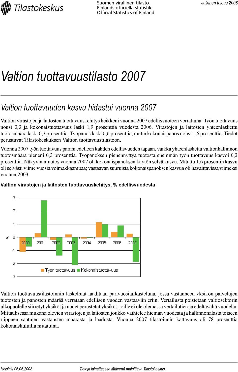 Työpanos laski 0,6 prosenttia, mutta kokonaispanos nousi 1,6 prosenttia. Tiedot perustuvat Tilastokeskuksen Valtion tuottavuustilastoon.