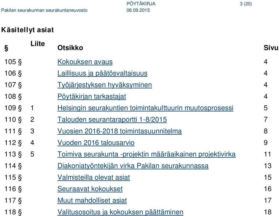 2016-2018 toimintasuunnitelma 8 112 4 Vuoden 2016 talousarvio 9 113 5 Toimiva seurakunta -projektin määräaikainen projektivirka 11 114 Diakoniatyöntekijän