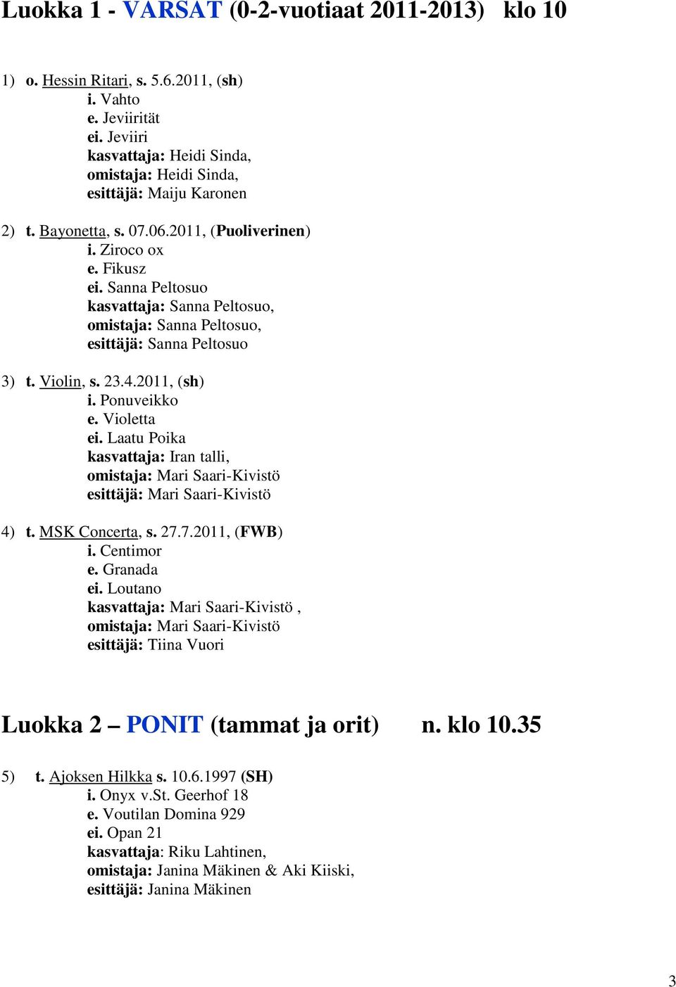 Sanna Peltosuo kasvattaja: Sanna Peltosuo, omistaja: Sanna Peltosuo, esittäjä: Sanna Peltosuo 3) t. Violin, s. 23.4.2011, (sh) i. Ponuveikko e. Violetta ei.