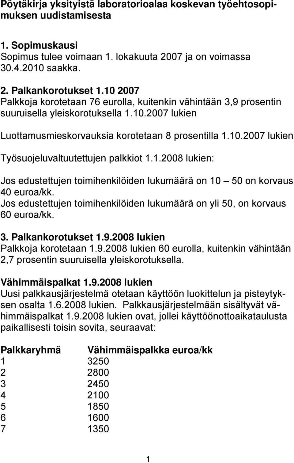 1.2008 lukien: Jos edustettujen toimihenkilöiden lukumäärä on 10 50 on korvaus 40 euroa/kk. Jos edustettujen toimihenkilöiden lukumäärä on yli 50, on korvaus 60 euroa/kk. 3. Palkankorotukset 1.9.