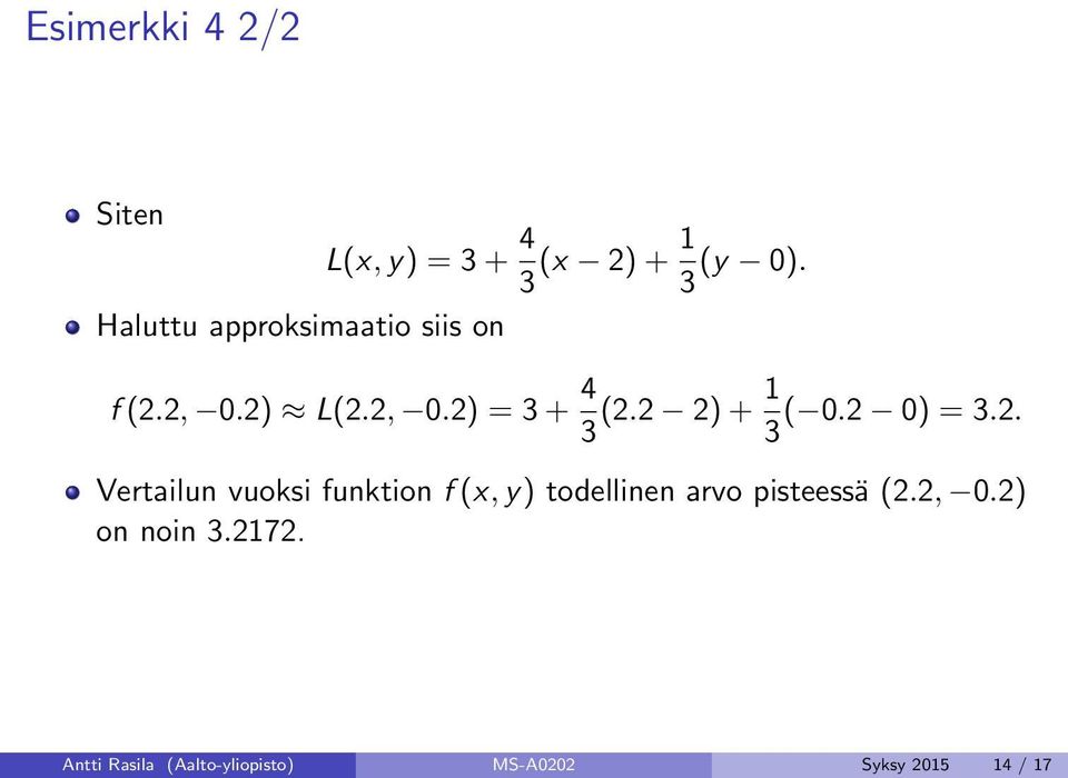 2 2) + 1 ( 0.2 0) = 3.2. 3 Vertailun vuoksi funktion f (x, y) todellinen arvo pisteessä (2.