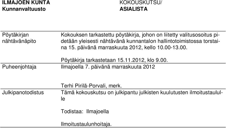 00. Pöytäkirja tarkastetaan 15.11.2012, klo 9.00. Puheenjohtaja Ilmajoella 7.