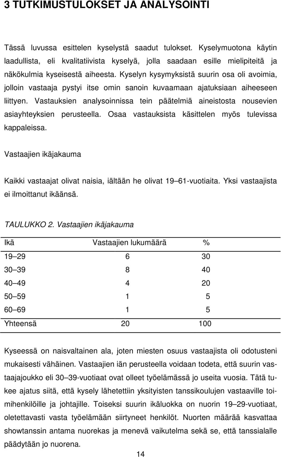 Kyselyn kysymyksistä suurin osa oli avoimia, jolloin vastaaja pystyi itse omin sanoin kuvaamaan ajatuksiaan aiheeseen liittyen.