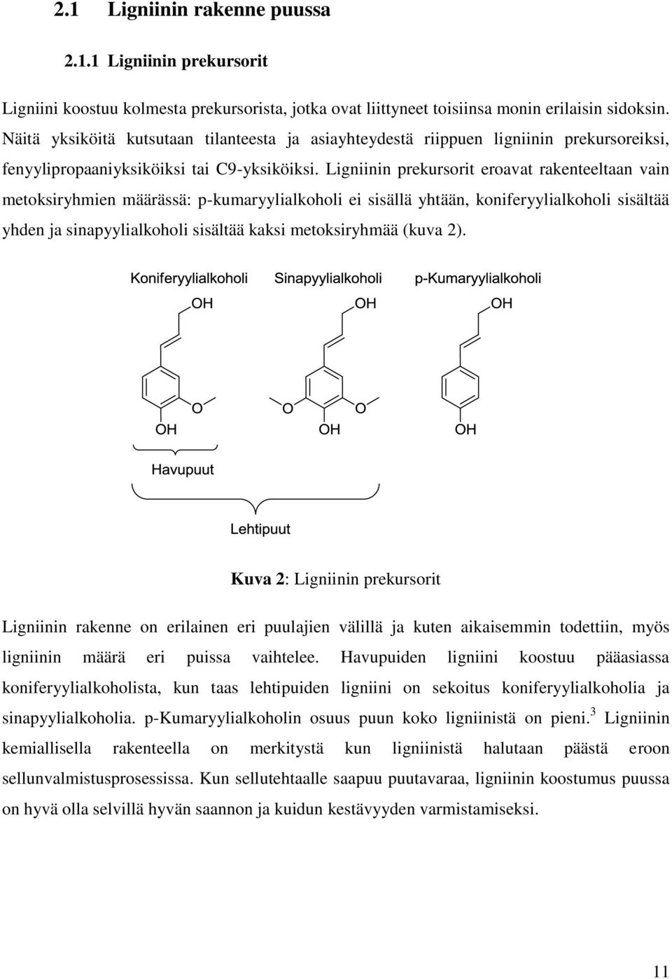 Ligniinin prekursorit eroavat rakenteeltaan vain metoksiryhmien määrässä: p-kumaryylialkoholi ei sisällä yhtään, koniferyylialkoholi sisältää yhden ja sinapyylialkoholi sisältää kaksi metoksiryhmää