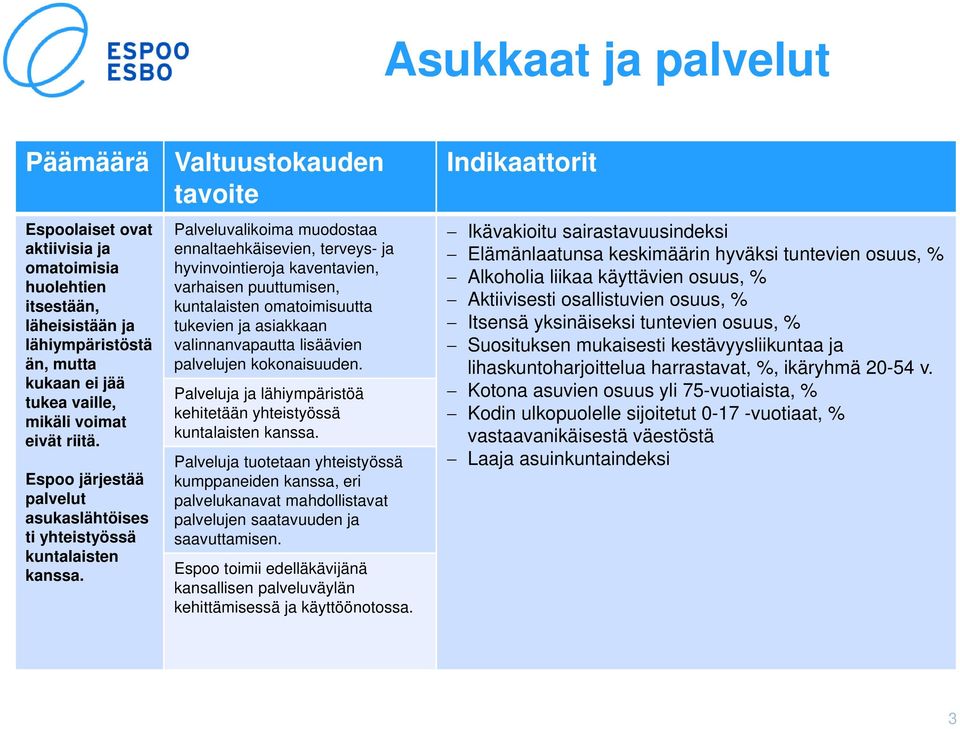 Valtuustokauden tavoite Palveluvalikoima muodostaa ennaltaehkäisevien, terveys- ja hyvinvointieroja kaventavien, varhaisen puuttumisen, kuntalaisten omatoimisuutta tukevien ja asiakkaan