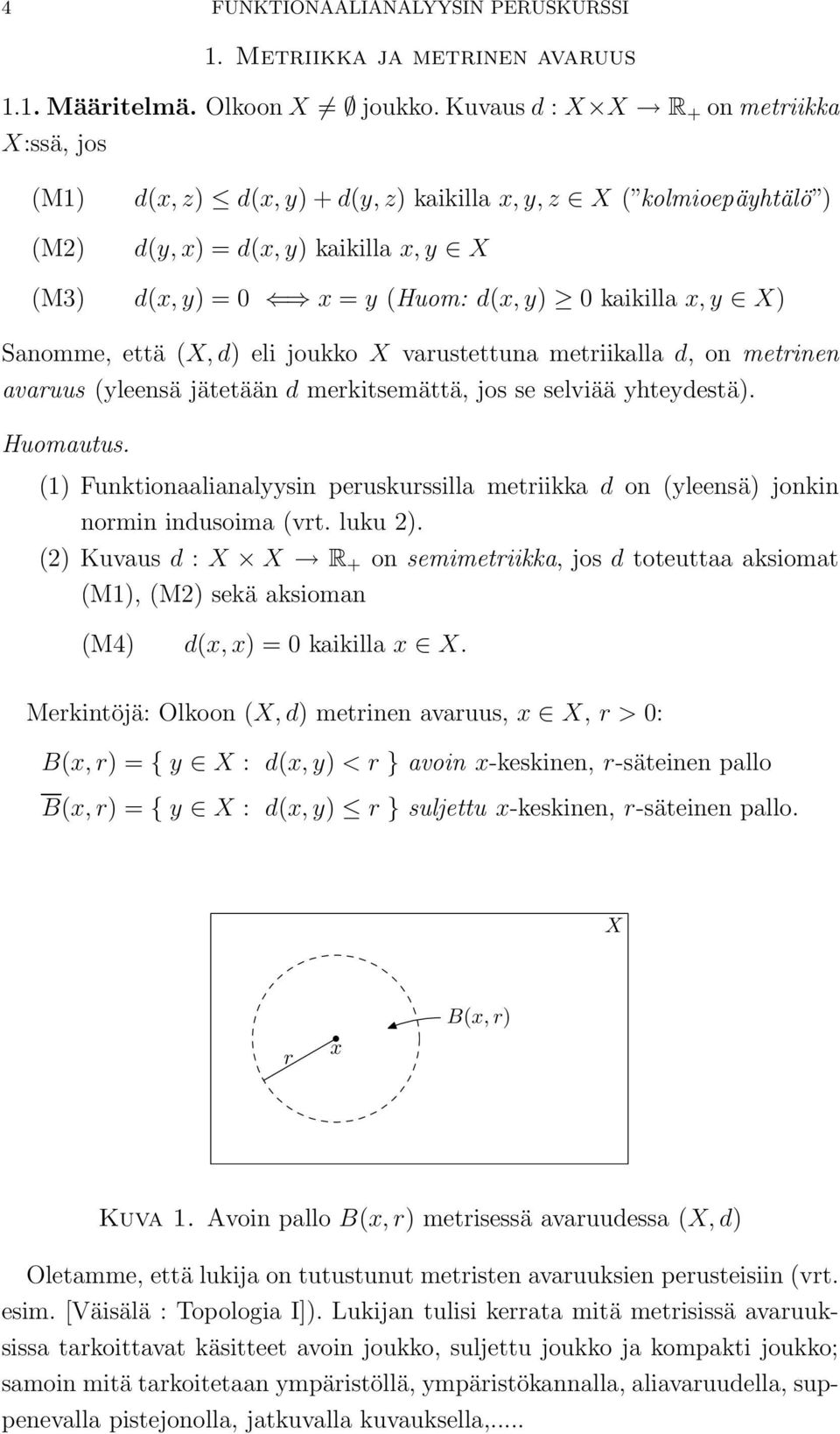 y X) Sanomme, että (X, d) eli joukko X varustettuna metriikalla d, on metrinen avaruus (yleensä jätetään d merkitsemättä, jos se selviää yhteydestä). Huomautus.