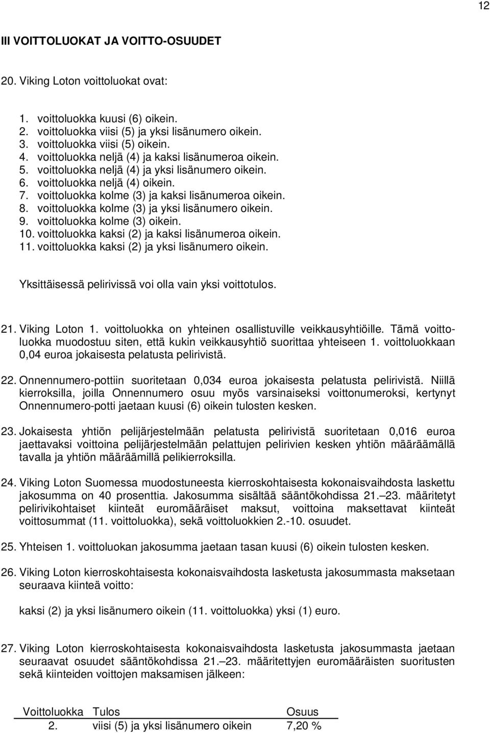 voittoluokka kolme (3) ja yksi lisänumero oikein. 9. voittoluokka kolme (3) oikein. 10. voittoluokka kaksi (2) ja kaksi lisänumeroa oikein. 11. voittoluokka kaksi (2) ja yksi lisänumero oikein.