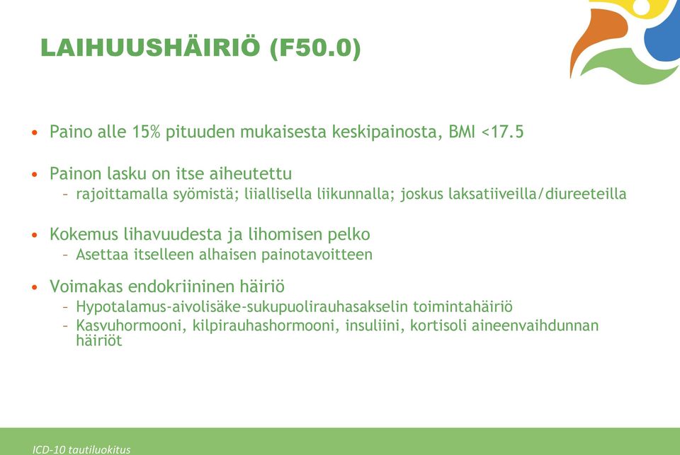 Kokemus lihavuudesta ja lihomisen pelko Asettaa itselleen alhaisen painotavoitteen Voimakas endokriininen häiriö