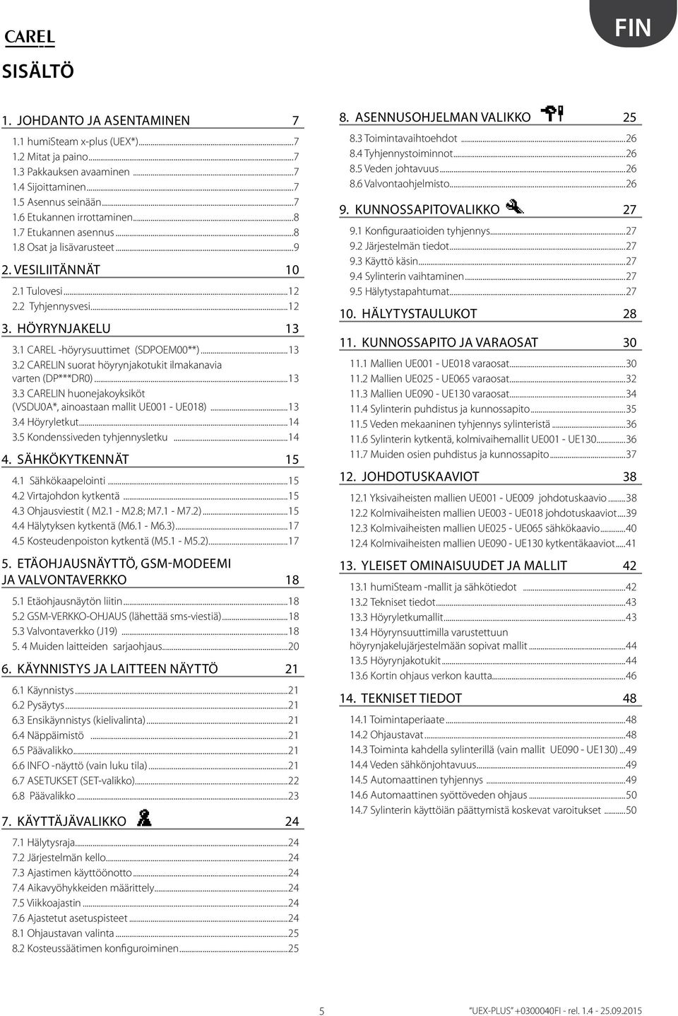 ... CARELIN huonejakoyksiköt (VSDU0A*, ainoastaan mallit UE00 - UE08)....4 Höyryletkut...4.5 Kondenssiveden tyhjennysletku...4 4. SÄHKÖKYTKENNÄT 5 4. Sähkökaapelointi...5 4. Virtajohdon kytkentä...5 4. Ohjausviestit ( M.