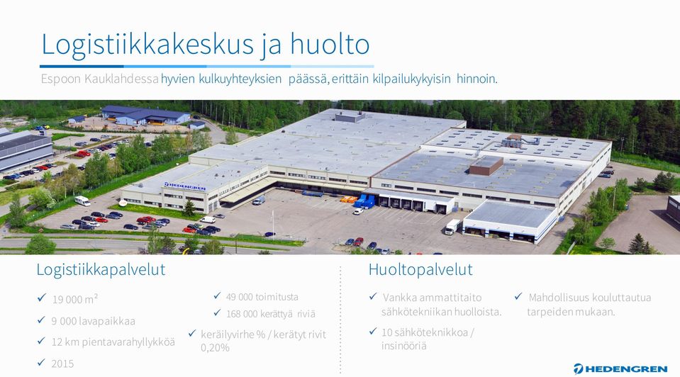 Logistiikkapalvelut ü 19 000 m² ü 9 000 lavapaikkaa ü 12 km pientavarahyllykköä ü 2015 Huoltopalvelut ü 49