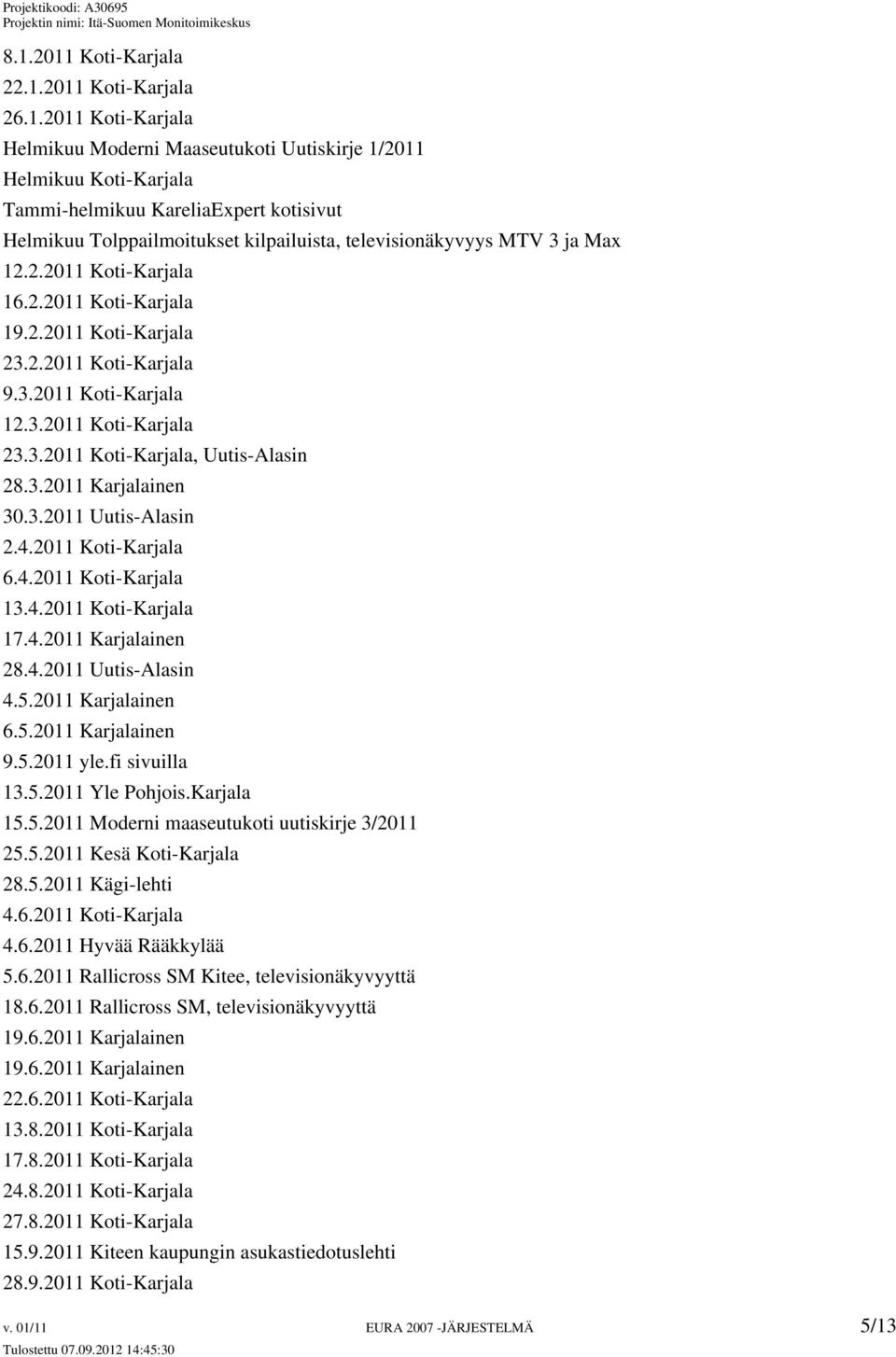 3.2011 Karjalainen 30.3.2011 Uutis-Alasin 2.4.2011 Koti-Karjala 6.4.2011 Koti-Karjala 13.4.2011 Koti-Karjala 17.4.2011 Karjalainen 28.4.2011 Uutis-Alasin 4.5.2011 Karjalainen 6.5.2011 Karjalainen 9.5.2011 yle.