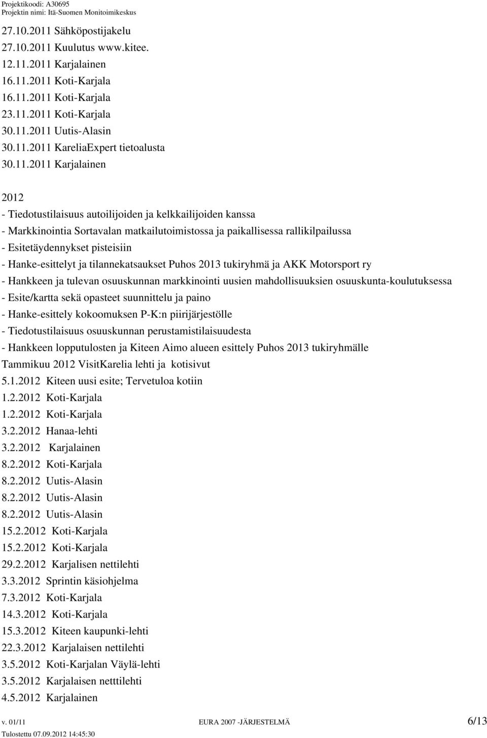 Hanke-esittelyt ja tilannekatsaukset Puhos 2013 tukiryhmä ja AKK Motorsport ry - Hankkeen ja tulevan osuuskunnan markkinointi uusien mahdollisuuksien osuuskunta-koulutuksessa - Esite/kartta sekä