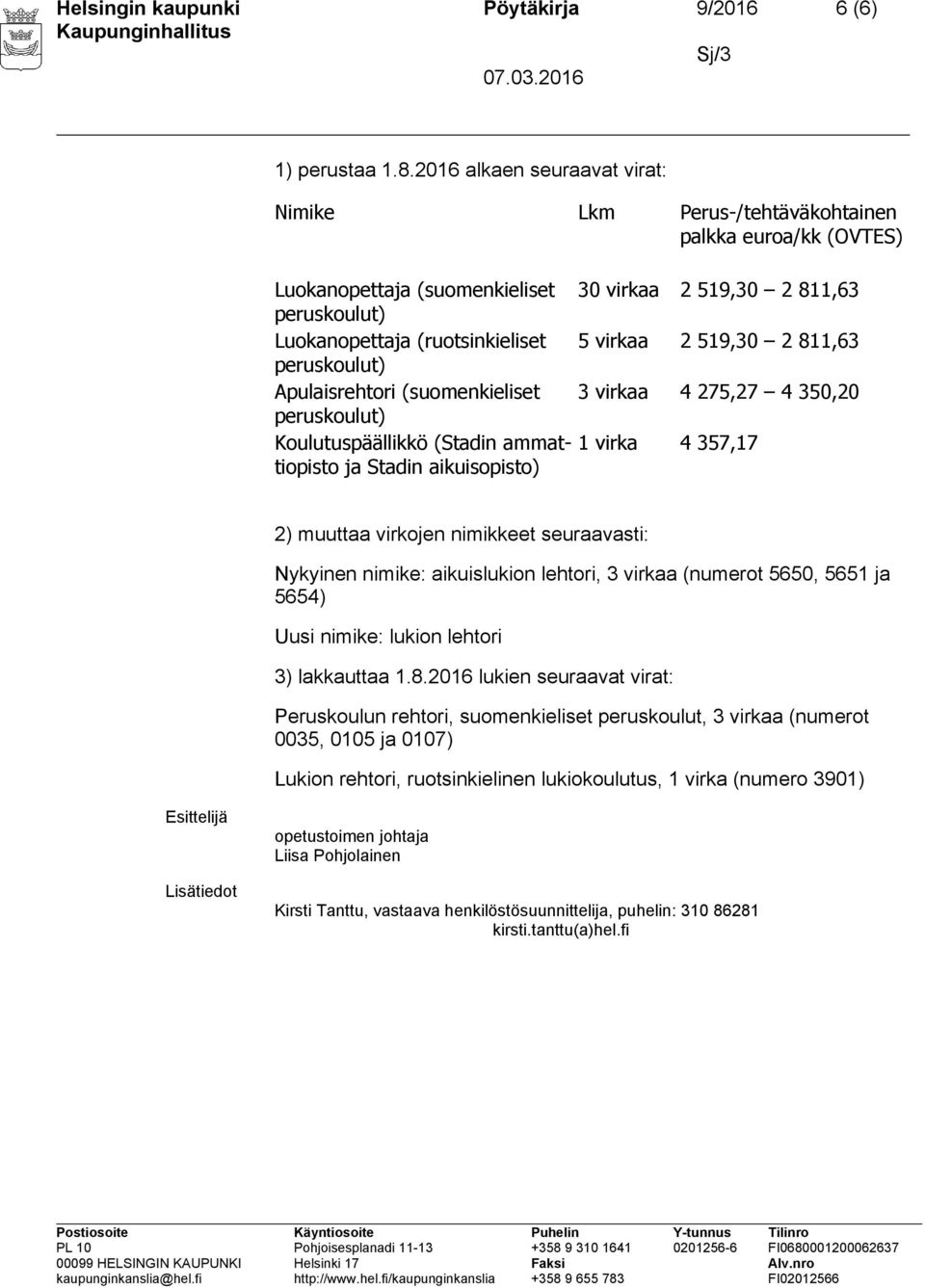 virkaa 2 519,30 2 811,63 peruskoulut) Apulaisrehtori (suomenkieliset 3 virkaa 4 275,27 4 350,20 peruskoulut) Koulutuspäällikkö (Stadin ammattiopisto 1 virka 4 357,17 ja Stadin aikuisopisto) 2)