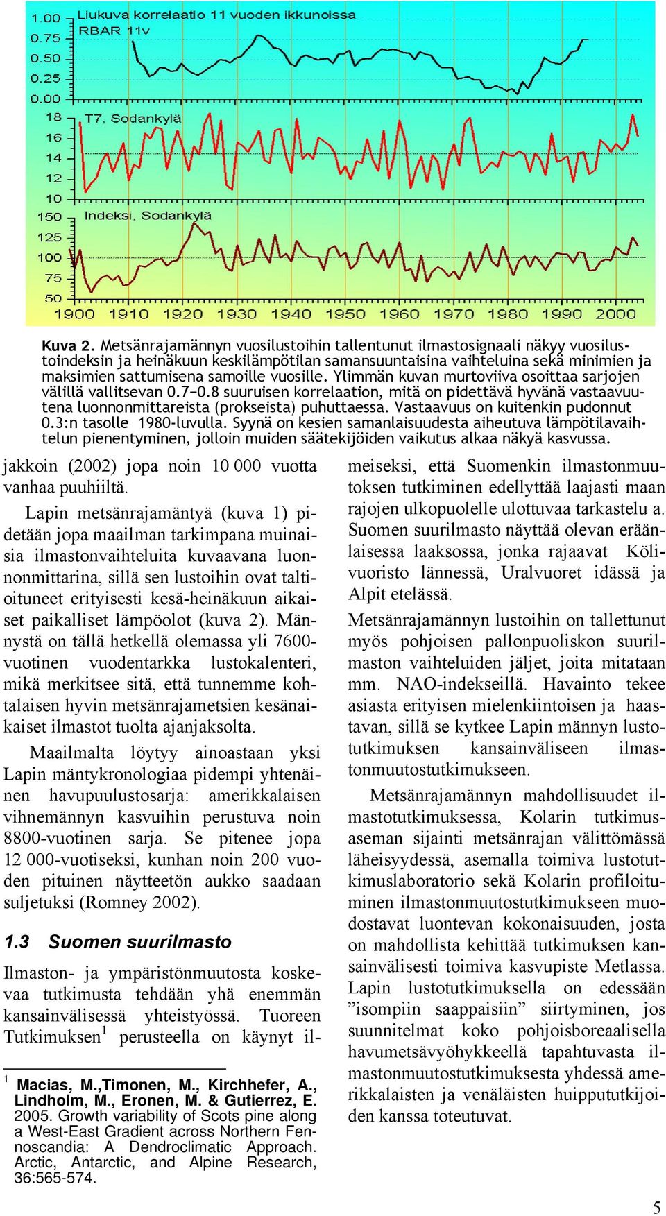 Ylimmän kuvan murtoviiva osoittaa sarjojen välillä vallitsevan 0.7 0.8 suuruisen korrelaation, mitä on pidettävä hyvänä vastaavuutena luonnonmittareista (prokseista) puhuttaessa.