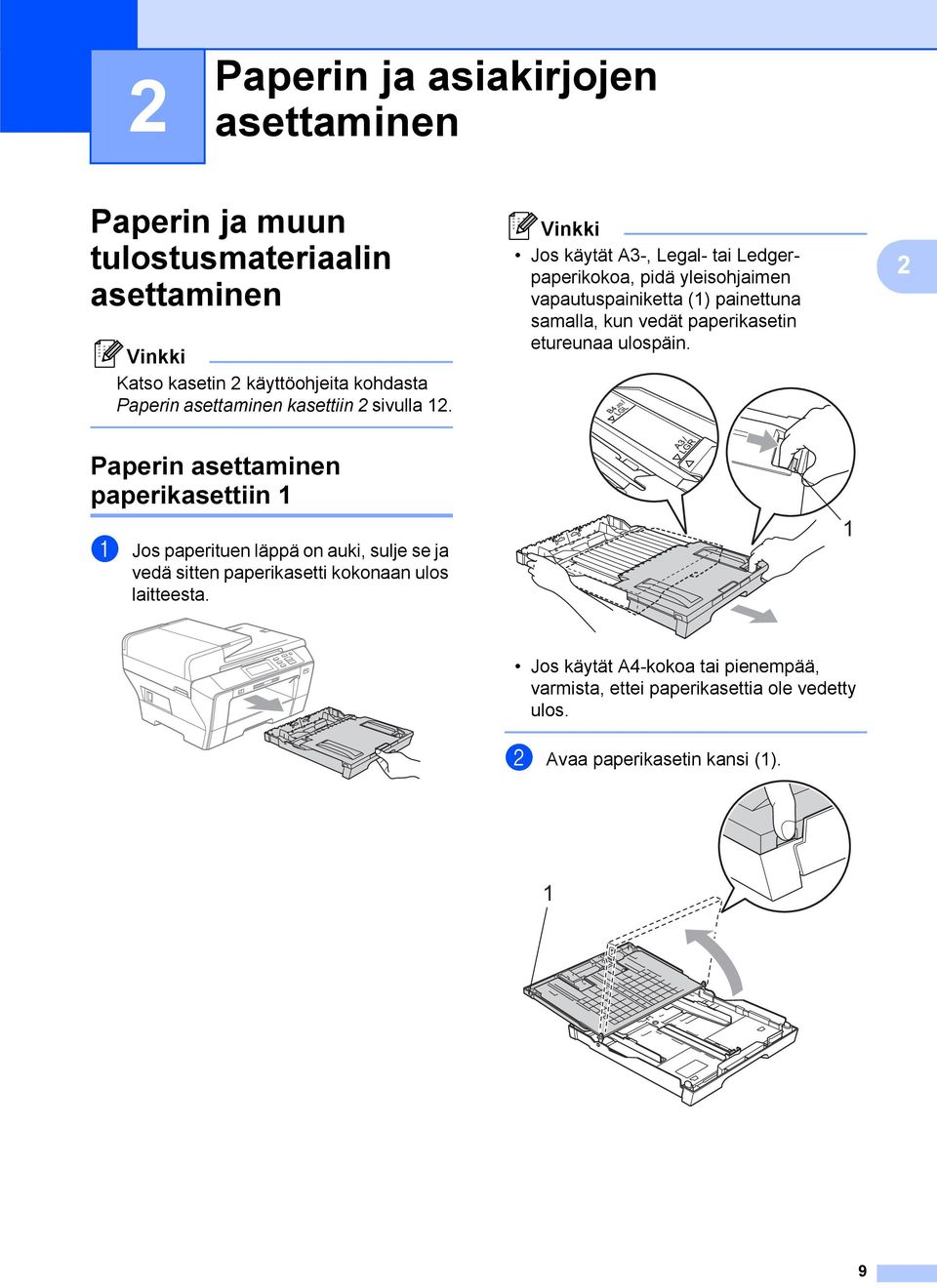 Vinkki Jos käytät A3-, Legal- tai Ledgerpaperikokoa, pidä yleisohjaimen vapautuspainiketta (1) painettuna samalla, kun vedät paperikasetin etureunaa