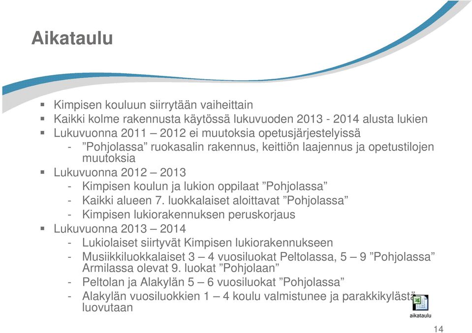 luokkalaiset aloittavat Pohjolassa - Kimpisen lukiorakennuksen peruskorjaus Lukuvuonna 2013 2014 - Lukiolaiset siirtyvät Kimpisen lukiorakennukseen - Musiikkiluokkalaiset 3 4