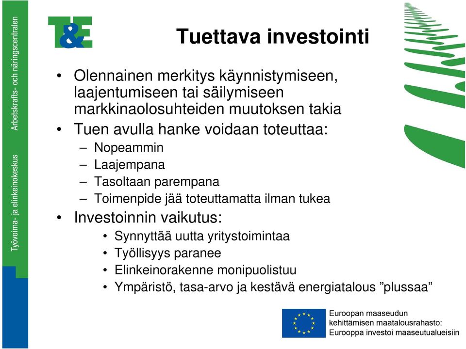 Tasoltaan parempana Toimenpide jää toteuttamatta ilman tukea Investoinnin vaikutus: Synnyttää uutta