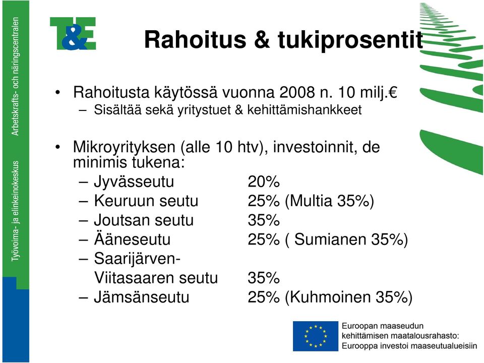 investoinnit, de minimis tukena: Jyvässeutu 20% Keuruun seutu 25% (Multia 35%)