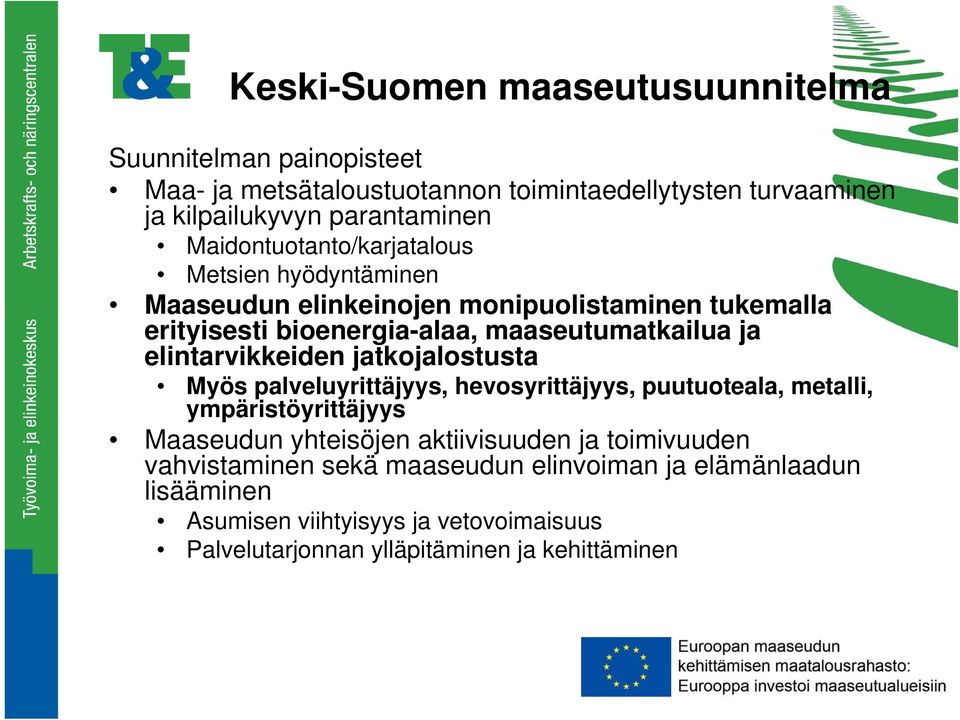 elintarvikkeiden jatkojalostusta Myös palveluyrittäjyys, hevosyrittäjyys, puutuoteala, metalli, ympäristöyrittäjyys Maaseudun yhteisöjen aktiivisuuden ja