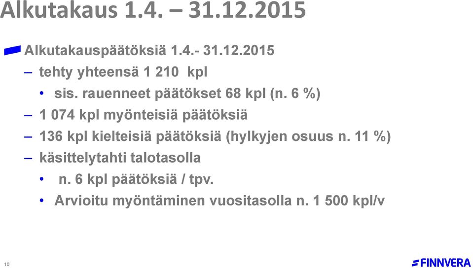 6 %) 1 074 kpl myönteisiä päätöksiä 136 kpl kielteisiä päätöksiä (hylkyjen