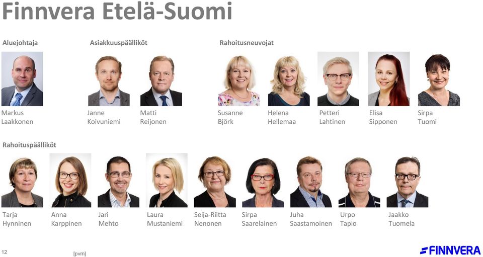 Sipponen Sirpa Tuomi Rahoituspäälliköt Tarja Hynninen Anna Karppinen Jari Mehto Laura