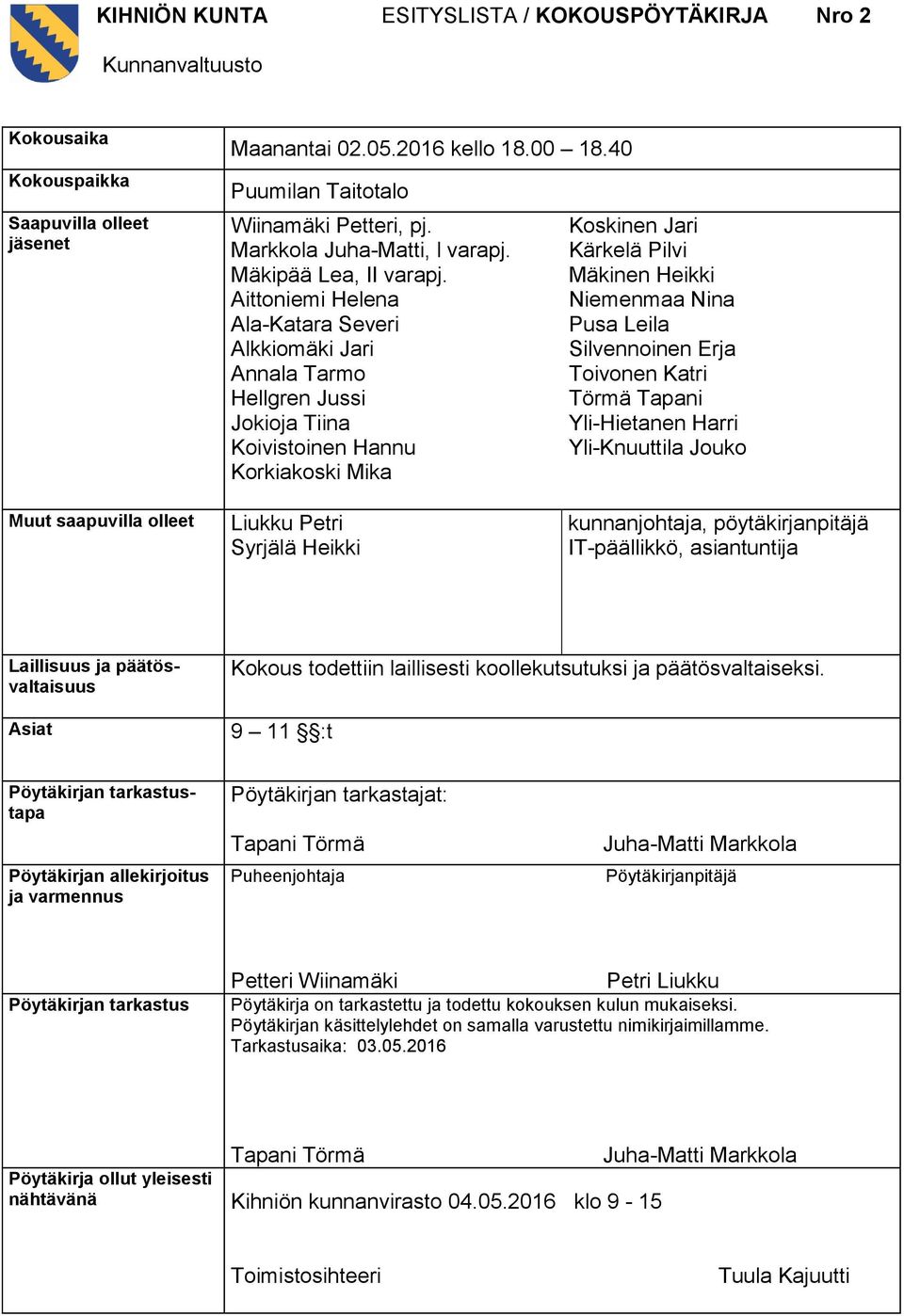 Aittoniemi Helena Ala-Katara Severi Alkkiomäki Jari Annala Tarmo Hellgren Jussi Jokioja Tiina Koivistoinen Hannu Korkiakoski Mika Koskinen Jari Kärkelä Pilvi Mäkinen Heikki Niemenmaa Nina Pusa Leila