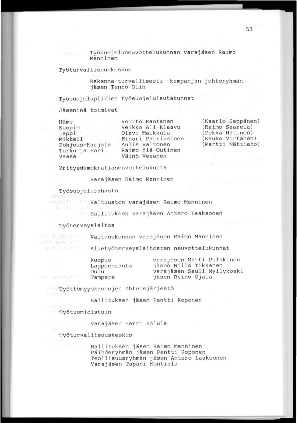 (Raimo Saarela) (Pekka Hätinen) (Kau~o Virtanen) (Martti Nättiaho) Yritysdemokratianeuvottelukunta Varajäsen Raimo Manninen Työsuojelurahasto Valtuuston varajäsen Raimo Manninen Hallituksen varajäsen