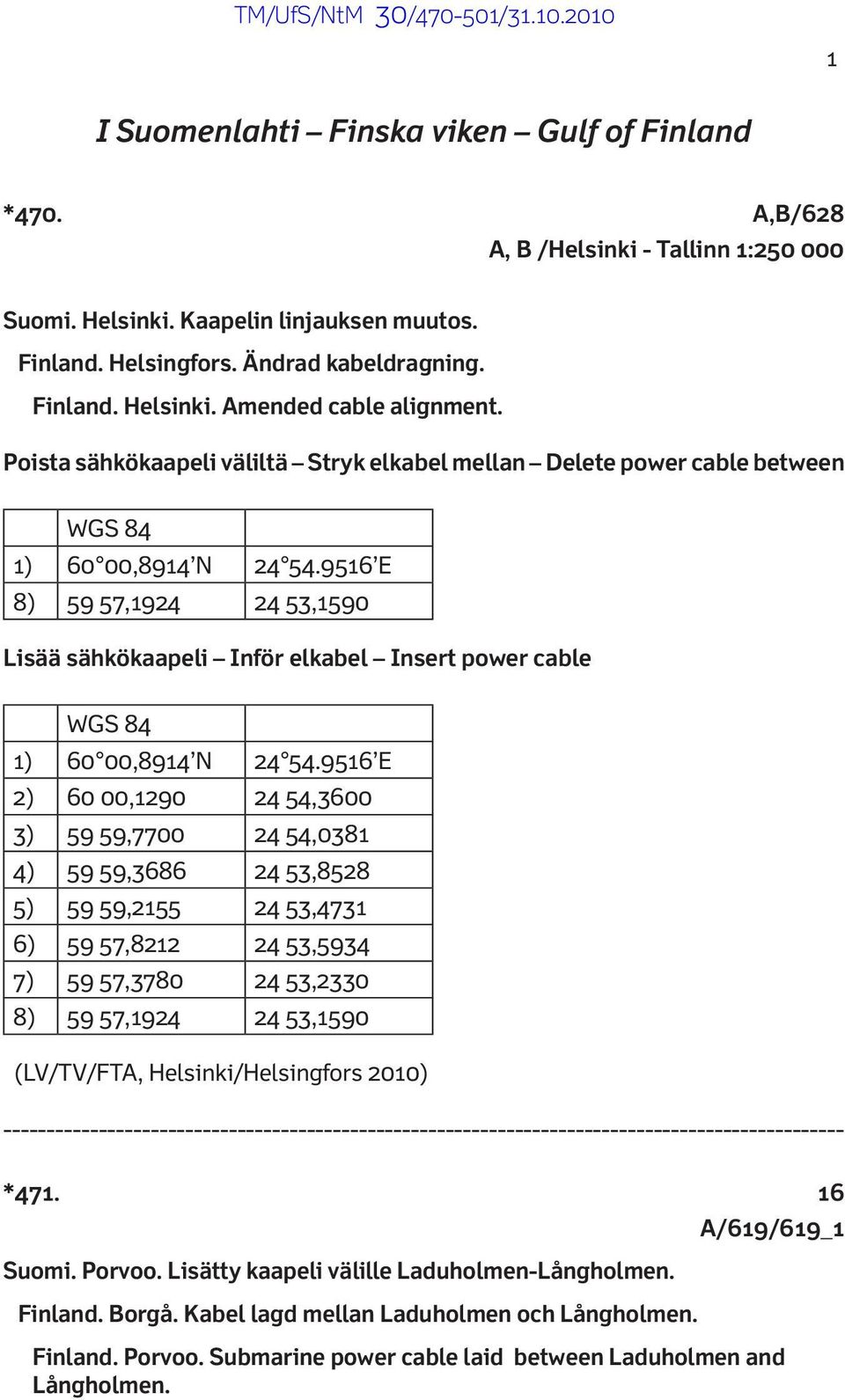 9516 E 8) 59 57,1924 24 53,1590 Lisää sähkökaapeli Inför elkabel Insert power cable WGS 84 1) 60 00,8914 N 24 54.
