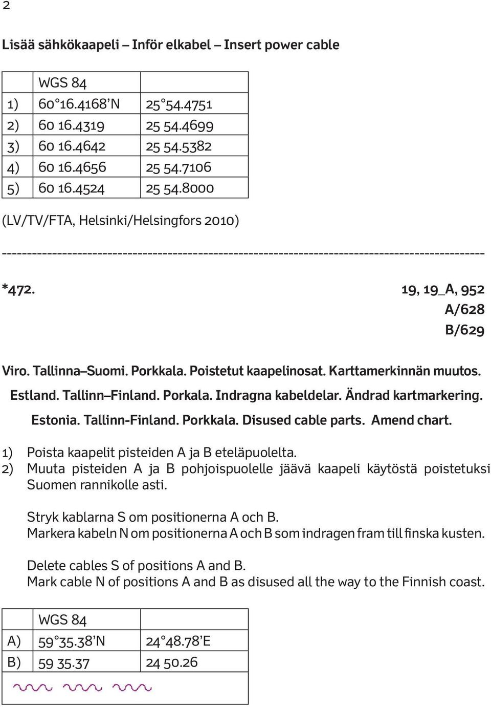Karttamerkinnän muutos. Estland. Tallinn Finland. Porkala. Indragna kabeldelar. Ändrad kartmarkering. Estonia. Tallinn-Finland. Porkkala. Disused cable parts. Amend chart.