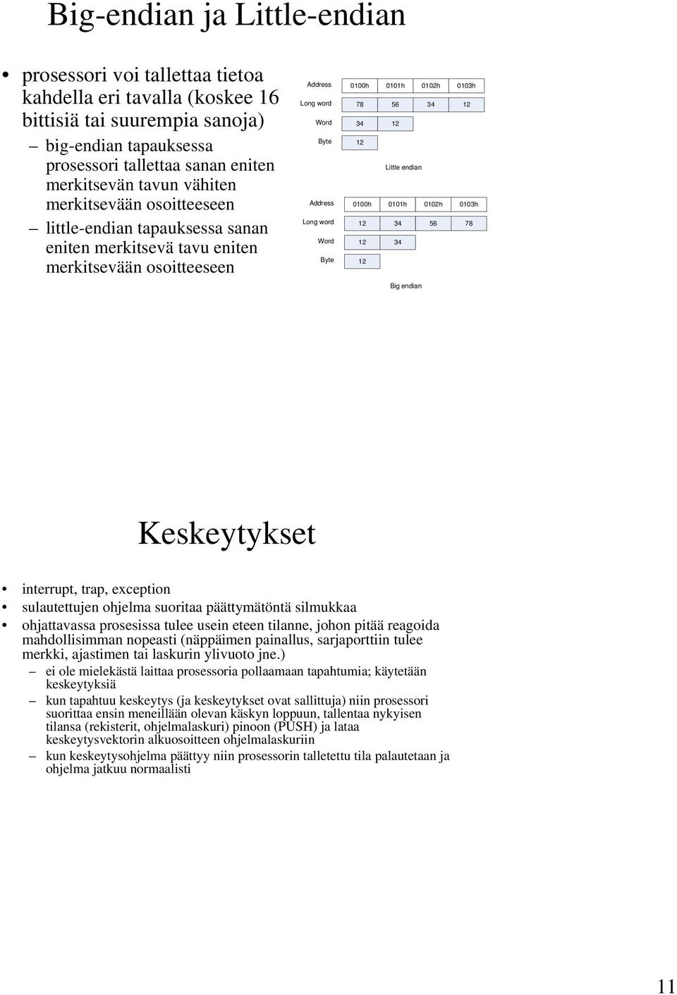 0103h 78 56 34 12 34 12 12 Little endian 0100h 0101h 0102h 0103h 12 34 56 78 12 34 12 Big endian Keskeytykset interrupt, trap, exception sulautettujen ohjelma suoritaa päättymätöntä silmukkaa