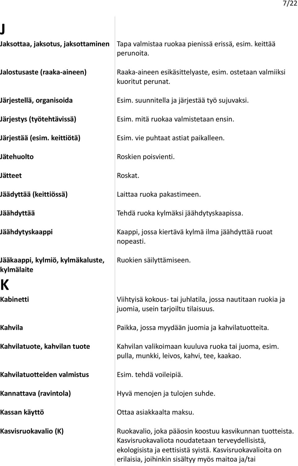 valmistus Kannattava (ravintola) Kassan käyttö Kasvisruokavalio (K) Tapa valmistaa ruokaa pienissä erissä, esim. keittää perunoita. Raaka-aineen esikäsittelyaste, esim.