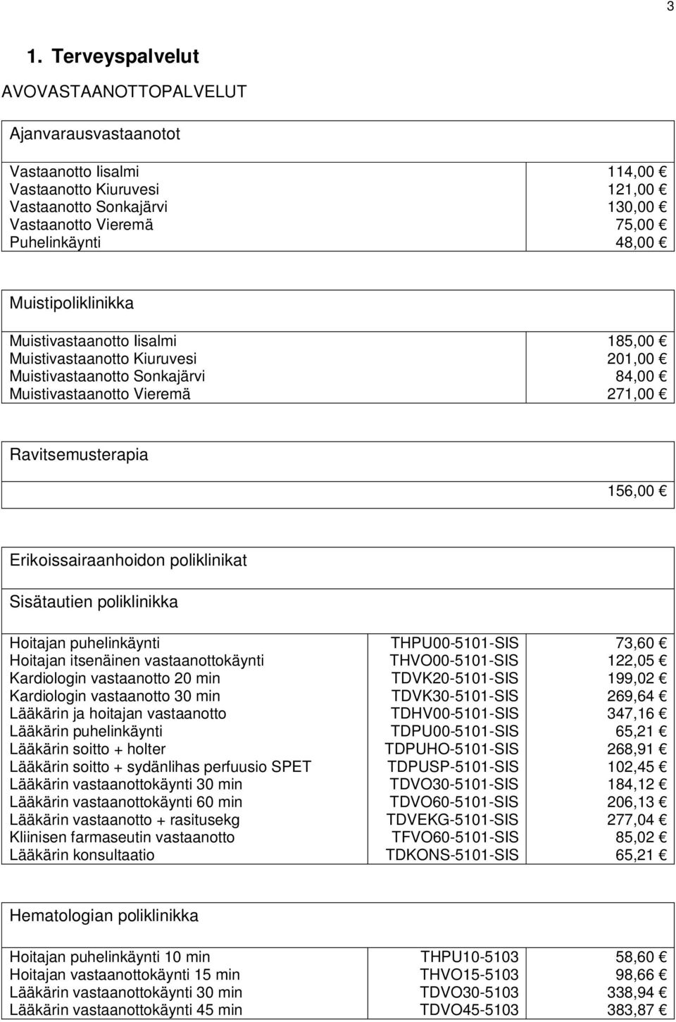 Erikoissairaanhoidon poliklinikat Sisätautien poliklinikka Hoitajan puhelinkäynti Hoitajan itsenäinen vastaanottokäynti Kardiologin vastaanotto 20 min Kardiologin vastaanotto 30 min Lääkärin ja