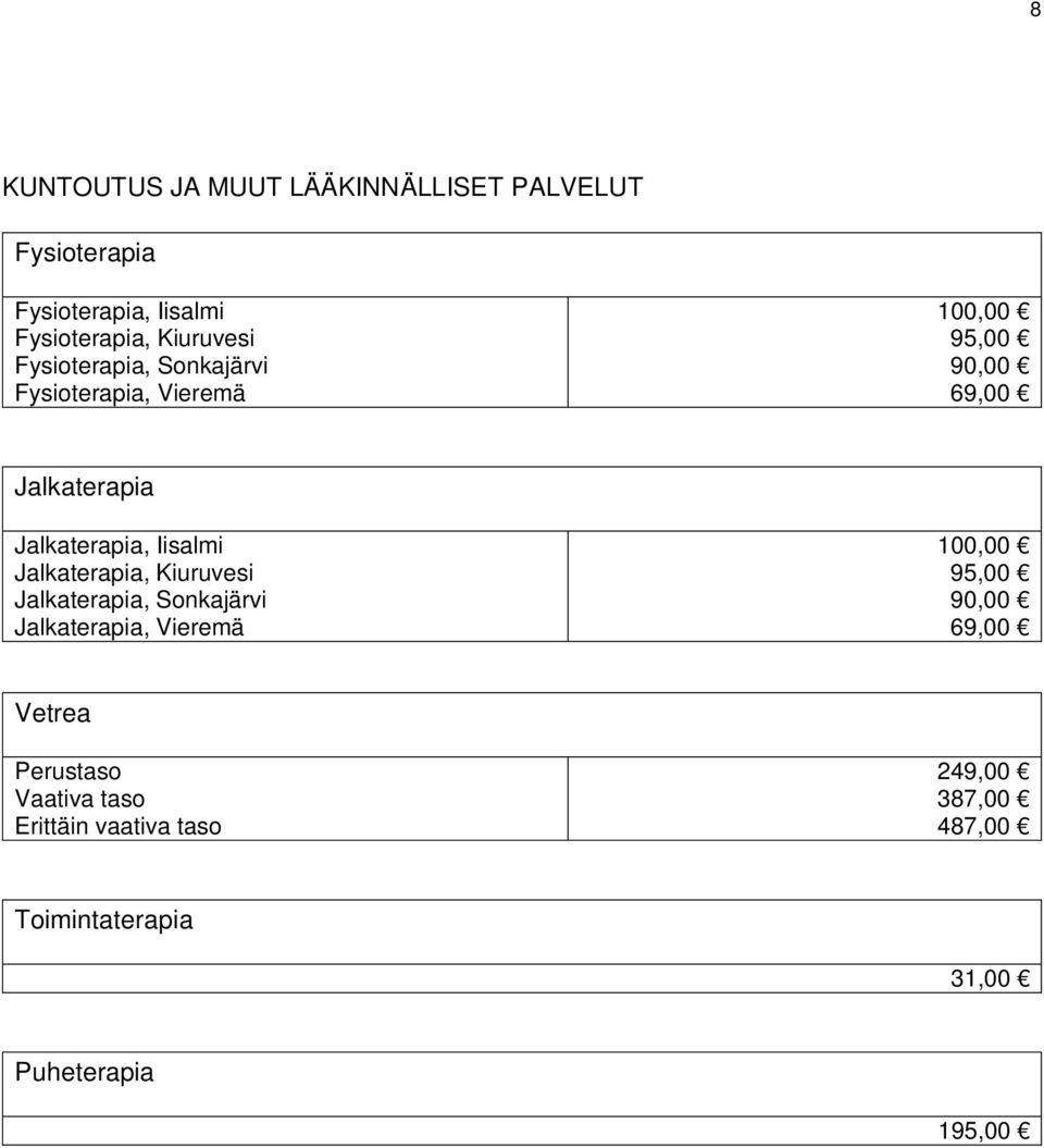 Iisalmi Jalkaterapia, Kiuruvesi Jalkaterapia, Sonkajärvi Jalkaterapia, Vieremä 100,00 95,00 90,00 69,00