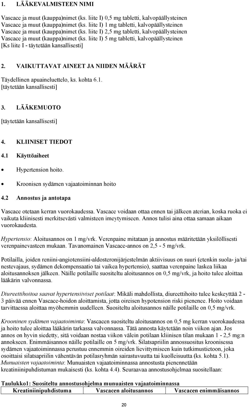 kohta 6.1. 3. LÄÄKEMUOTO 4. KLIINISET TIEDOT 4.1 Käyttöaiheet Hypertension hoito. Kroonisen sydämen vajaatoiminnan hoito 4.2 Annostus ja antotapa Vascace otetaan kerran vuorokaudessa.