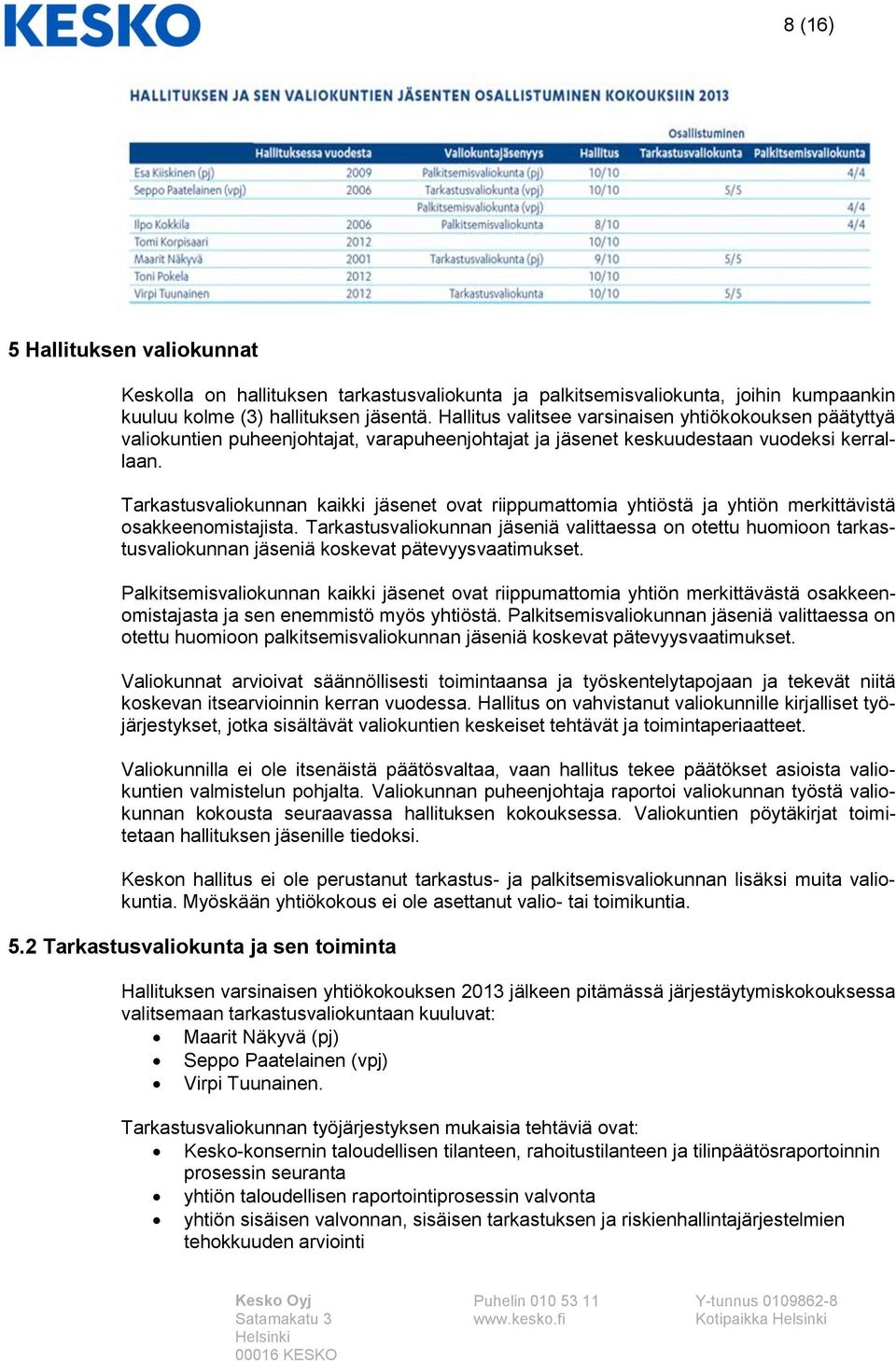 Tarkastusvaliokunnan kaikki jäsenet ovat riippumattomia yhtiöstä ja yhtiön merkittävistä osakkeenomistajista.