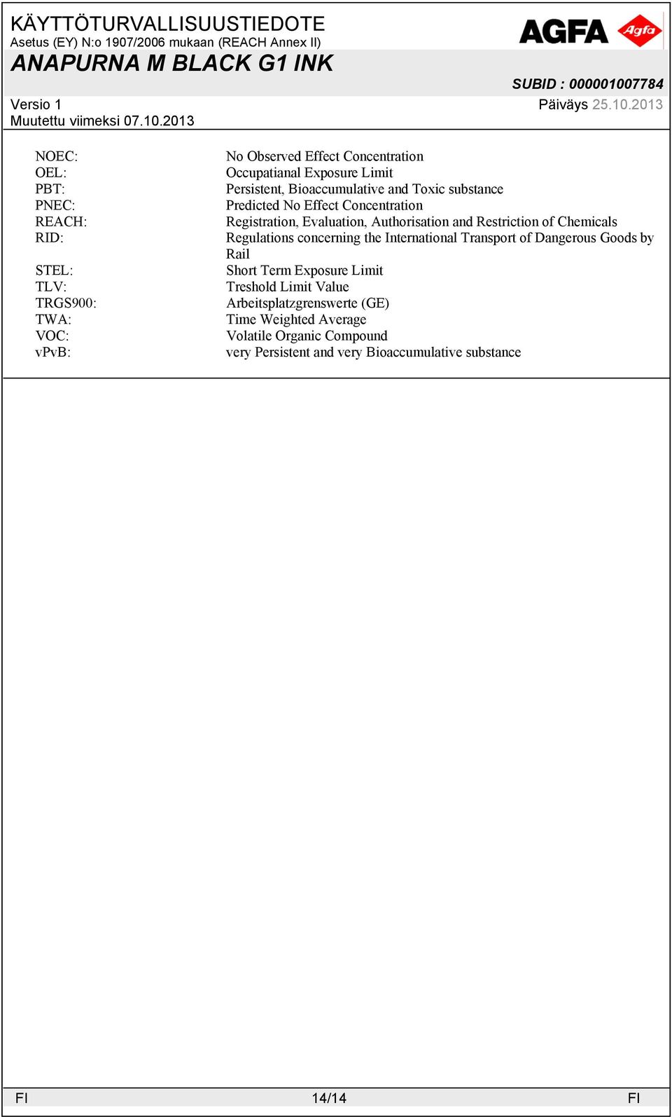 Restriction of Chemicals Regulations concerning the International Transport of Dangerous Goods by Rail Short Term Exposure Limit