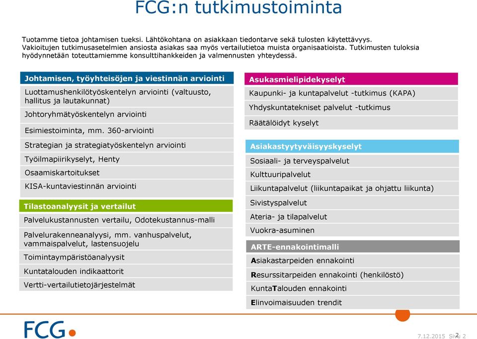 Johtamisen, työyhteisöjen ja viestinnän arviointi Luottamushenkilötyöskentelyn arviointi (valtuusto, hallitus ja lautakunnat) Johtoryhmätyöskentelyn arviointi Esimiestoiminta, mm.