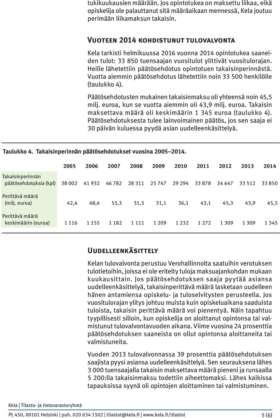 Heille lähetettiin päätösehdotus opintotuen takaisinperinnästä. Vuotta aiemmin päätösehdotus lähetettiin noin 33 500 henkilölle (taulukko 4).